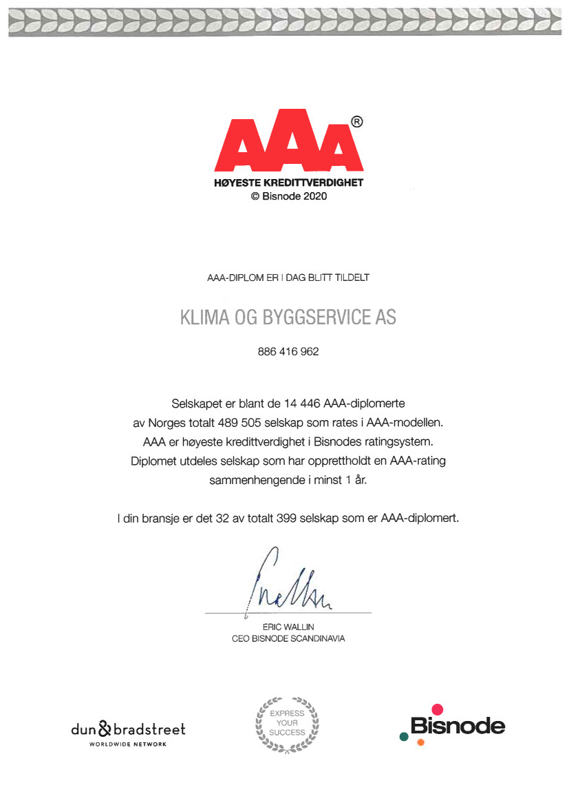 AAA-diplom Klima- og byggservice
